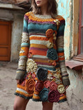 Comstylish Retro Bohemia Flower Crochet Striped Midi Sweater Dress
