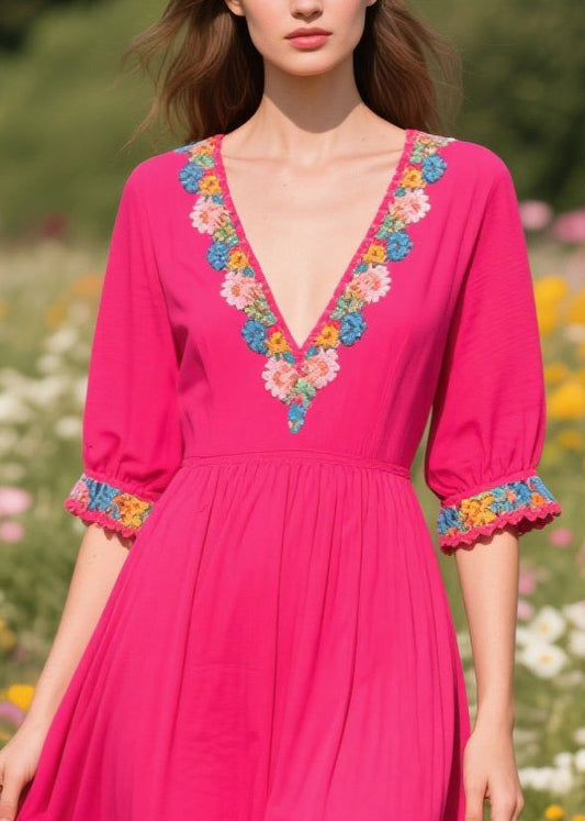 Rose V Neck Patchwork Cotton Ankle Dress Summer