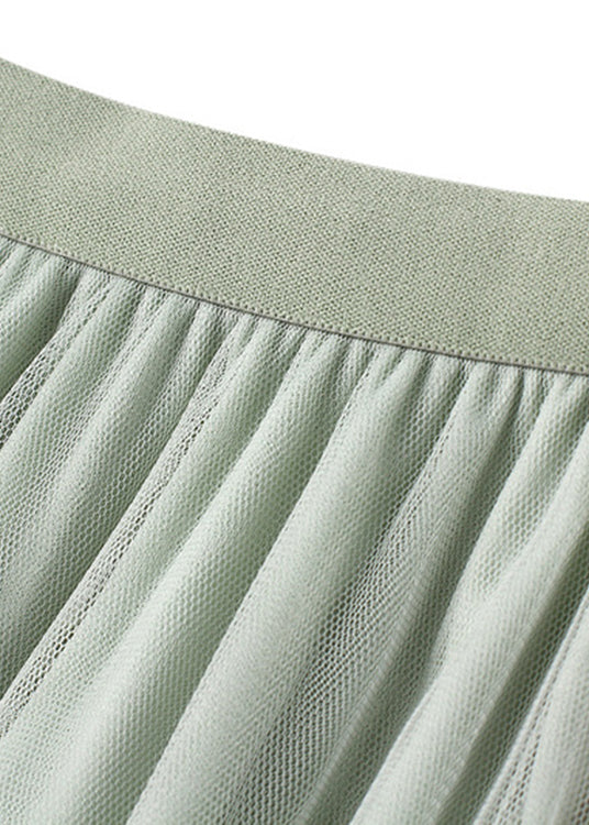 Green Asymmetrical Elastic Waist Tulle Pleated Skirt Summer