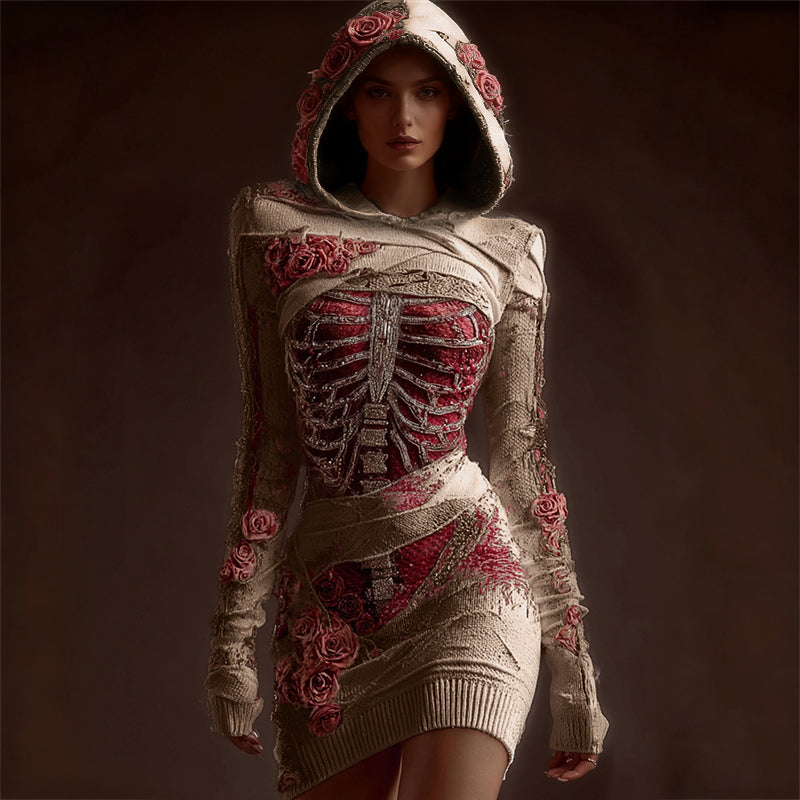Comstylish Classy Skeleton Anatomy Bloody Roses Bandages Hooded Sweater Dress