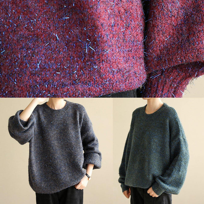 Dark Black Gray Knit Tops Long Sleeve O Neck Knitwear