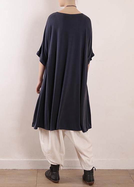 O Neck Large Hem Silk Tunics Design Blue Art Dress Summer