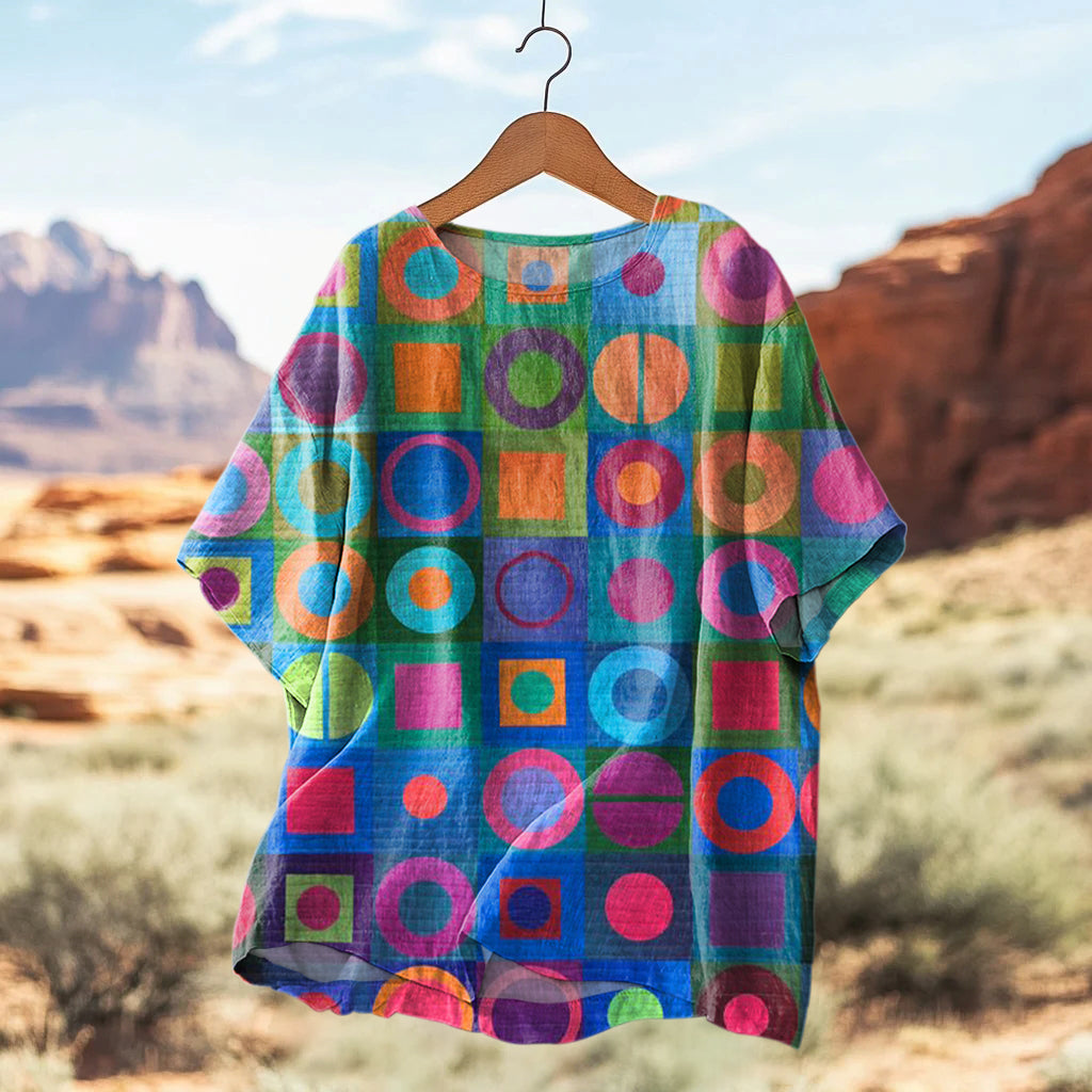 Women's Vintage Abstract Art Print Casual Linen  Shirt elevenforest