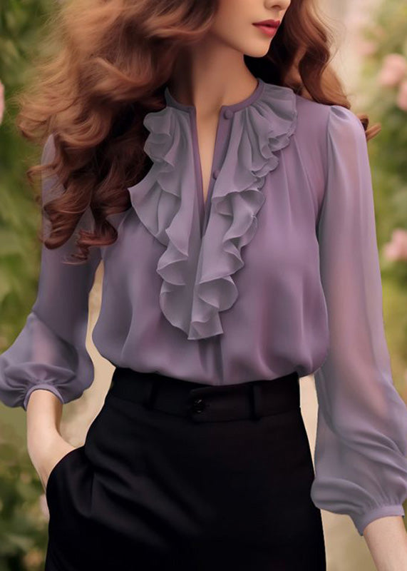 Unique Purple O-neck Ruffled Chiffon Shirt Bracelet Sleeve
