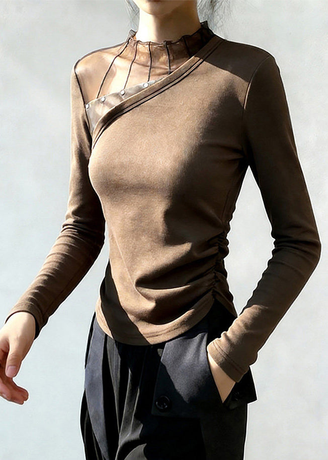 Brown Stand Collar Patchwork Wrinkled Cotton Blouse Top Spring