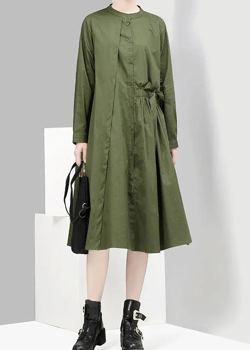 Green Button Asymmetrical Design Stand Collar Shirt Dresses Spring