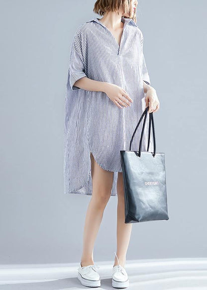 Italian Gray Striped Linen Dress Photography Lapel Asymmetric Midi Summer Dresses