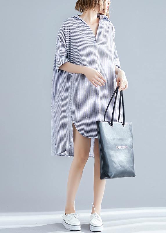Italian Gray Striped Linen Dress Photography Lapel Asymmetric Midi Summer Dresses