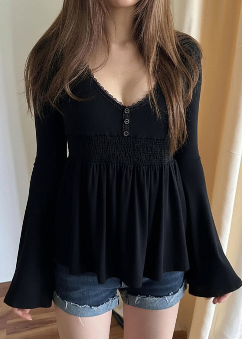 Loose Black V Neck Lace Cotton T Shirts Flare Sleeve
