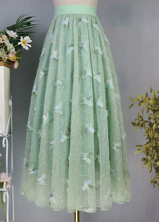 Light Green Butterfly Embroideried High Waist Tulle Maxi Skirts Spring