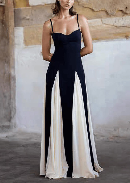 Black Backless High Waist Patchwork Chiffon Spaghetti Strap Dress Sleeveless