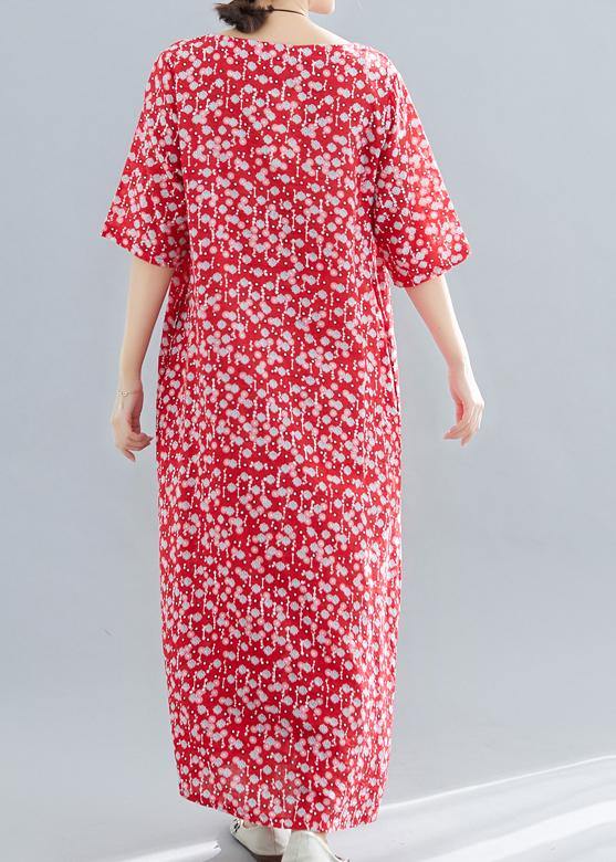 O Neck Pockets Linen Cotton Clothes Tutorials Red Print Dresses Summer