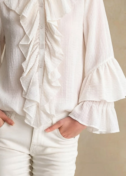 Apricot Stand Collar Ruffled Button Cotton Shirt