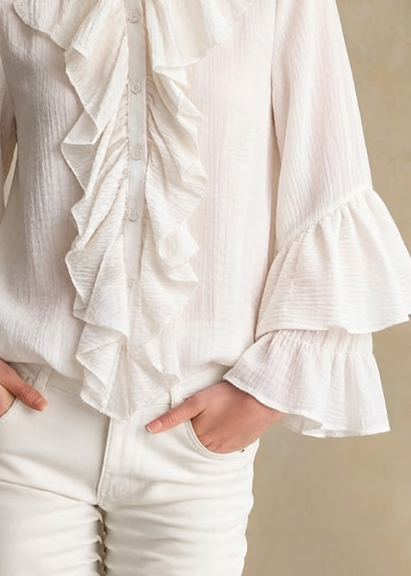 Apricot Stand Collar Ruffled Button Cotton Shirt