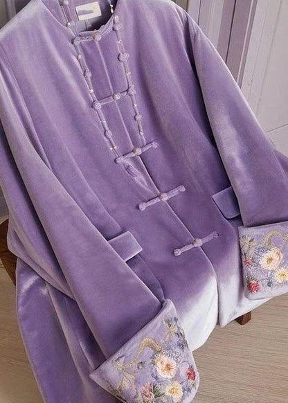 Chinese Style Purple O-neck Embroidered Button Silk Velour Tops Fall