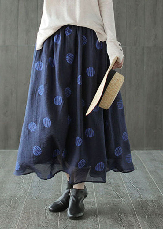 Dark Blue Elastic Waist Dot Print Linen Skirts Spring