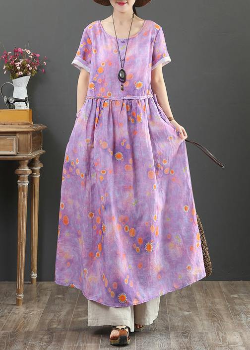 O Neck Drawstring Cotton Linen Summer Clothes Purple Print Dress