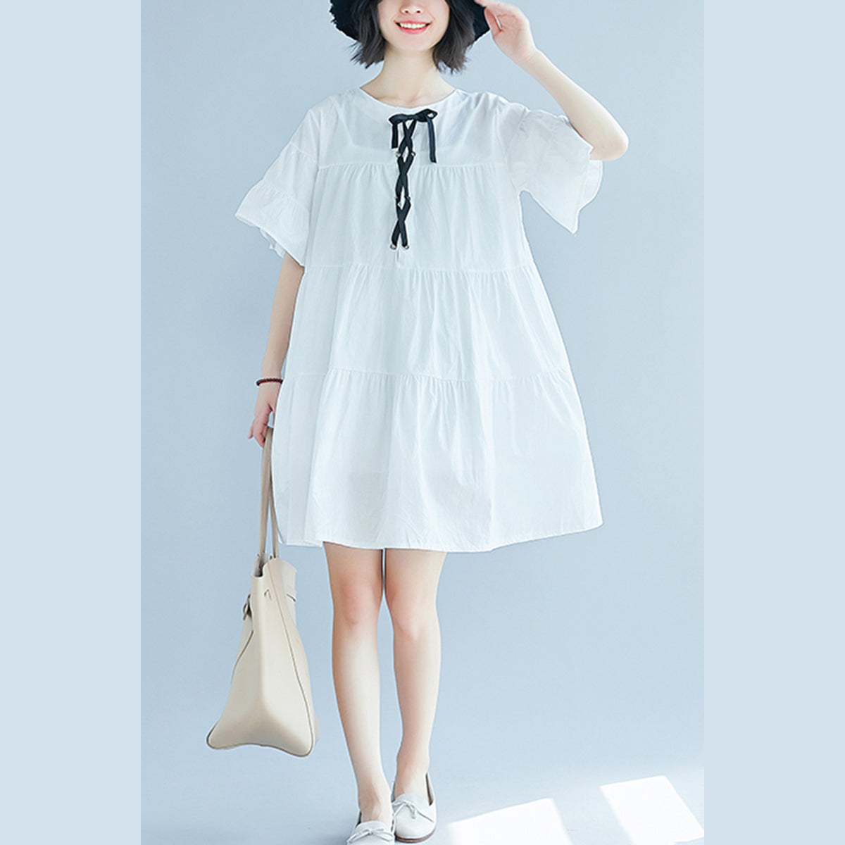 White Dress Trumpet Sleeves a Line Skirts O Neck Cotton Dress