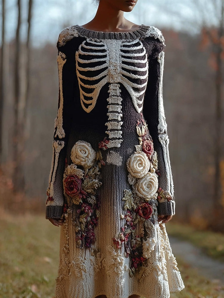 Comstylish Classy Skeleton Roses Embroidered Cozy Sweater Dress