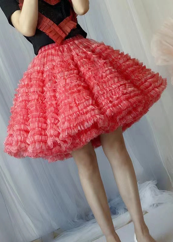 Red Layered Ruffled Patchwork Tulle Skirts Summer