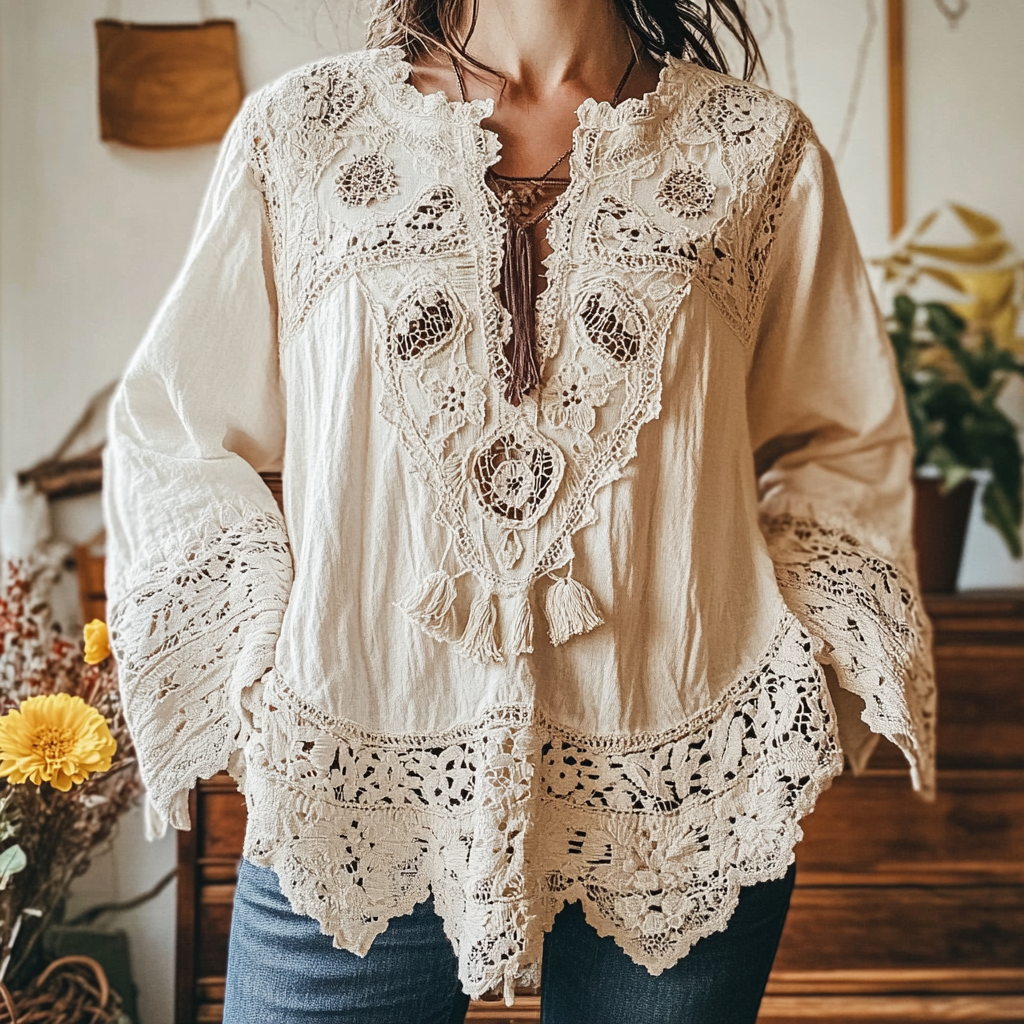 Elegant Lace Embroidery Tassel Art Long Sleeve V-neck Shirt elevenforest