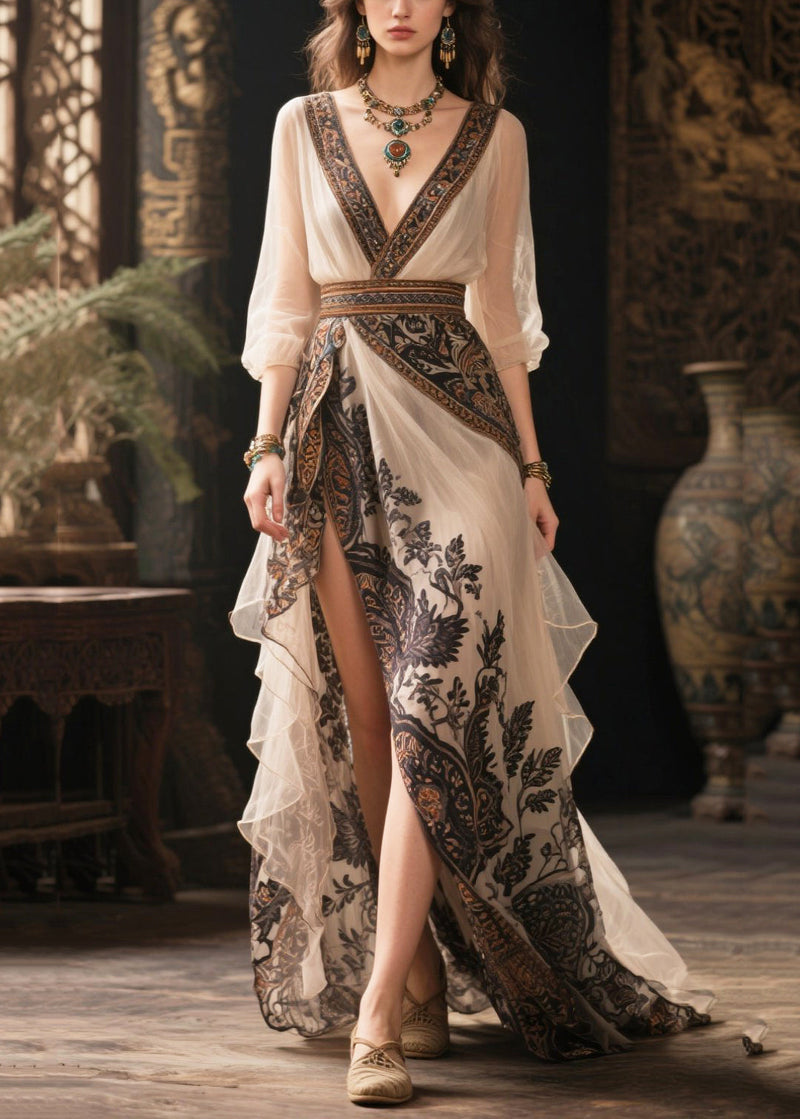 White Print Exra Large Hem Chiffon Holiday Dresses Summer