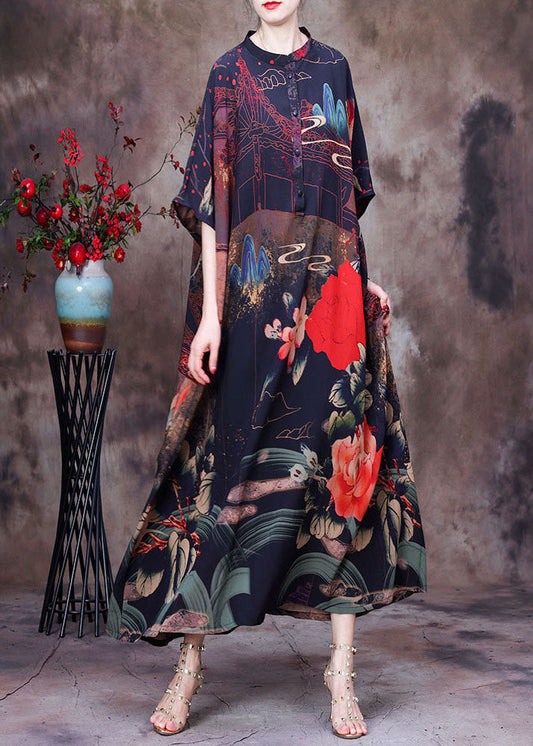 Coffee Stand Collar Button Print Silk Holiday Dress Batwing Sleeve