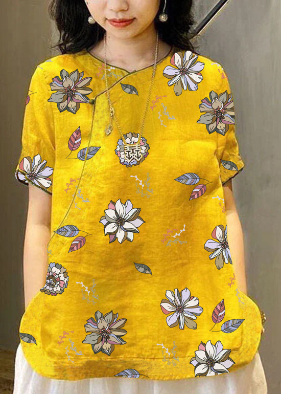 Chinese Style Yellow O-neck Embroidered Linen Tops Short Sleeve