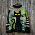 Halloween Witch Black Cat Striped Patchwork Cozy Knit Sweater artswardrobe