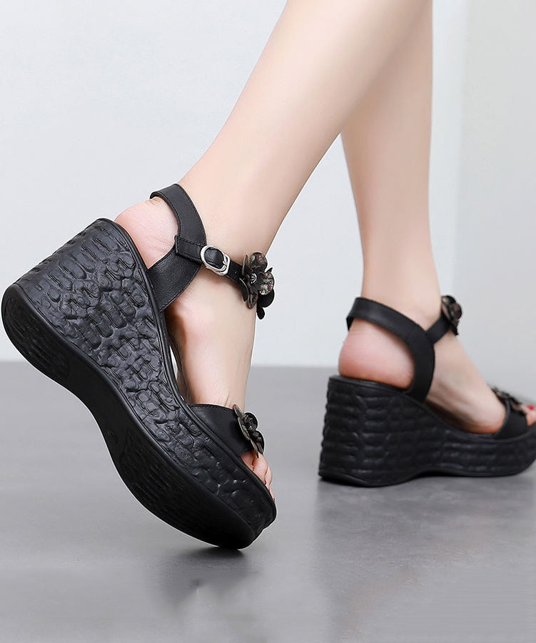 Buckle Strap Wedge Sandals Brown Cowhide Leather