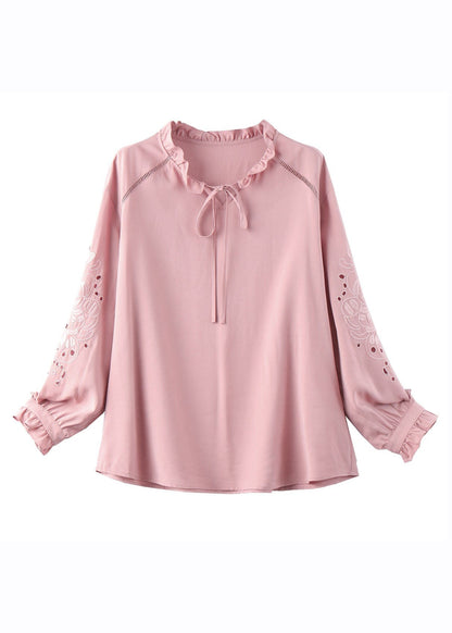 Classy Pink Ruffled Patchwork Hollow Out Silk Shirt Fall