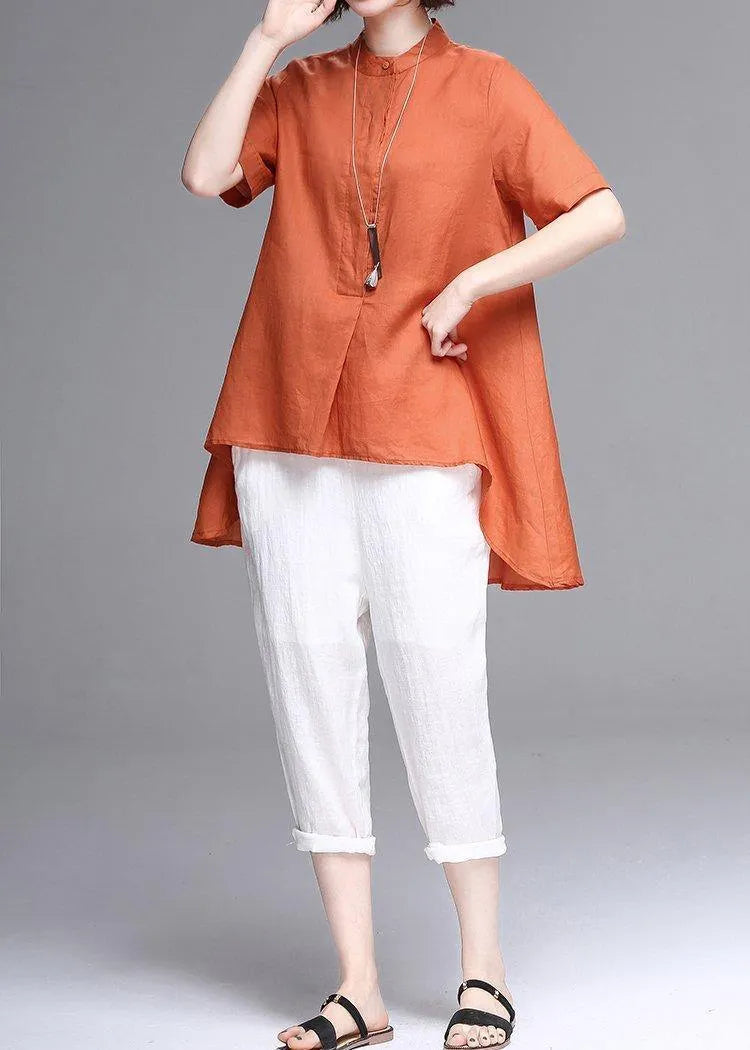 Natural Stand Collar Asymmetric Linen Cotton Box Top Orange Box Shirts Summer