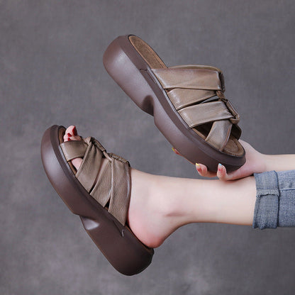 Retro Leather Wedge Slippers for
