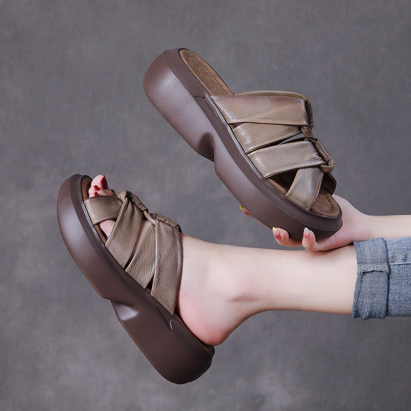 Retro Leather Wedge Slippers for