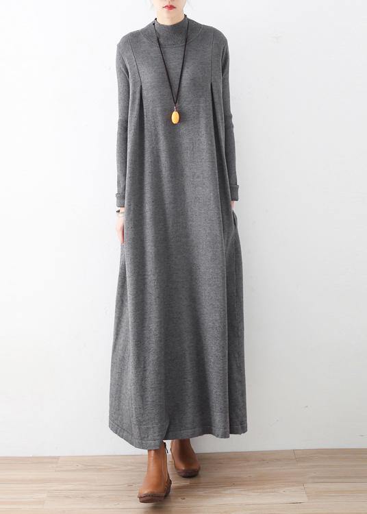 Modern High Neck Batwing Sleeve Falltunic Dresswork Gray Robes Dress