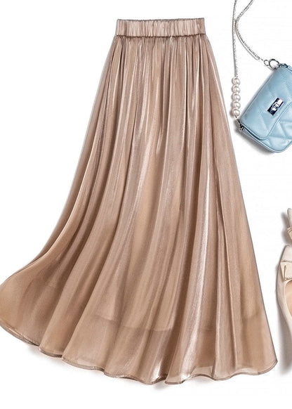 Khaki Elastic Waist Draping Silk Beach Skirt Summer