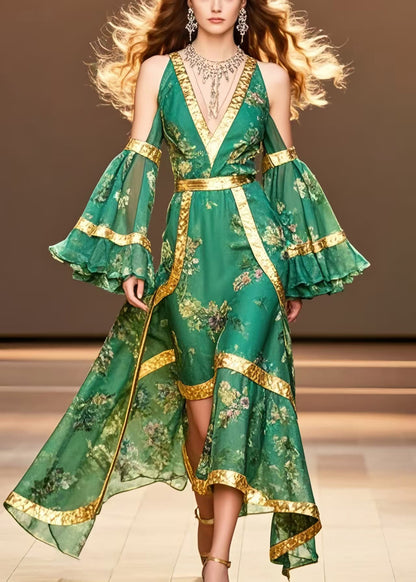 Tea Green Cold Shoulder Print Chiffon Ankle Dress Flare Sleeve
