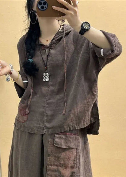Coffee Hooded Patchwork Tops and Skirts Cotton Two Pieces Set Summer