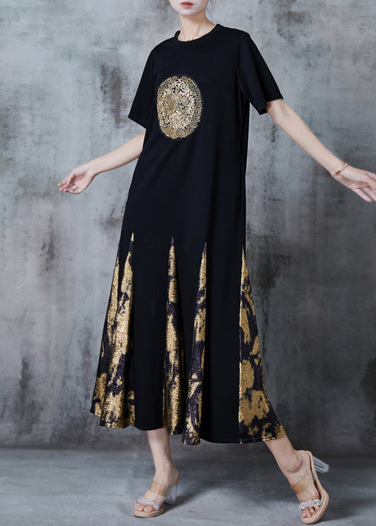 Black Sequins Patchwork Cotton Robe Dresses Summer