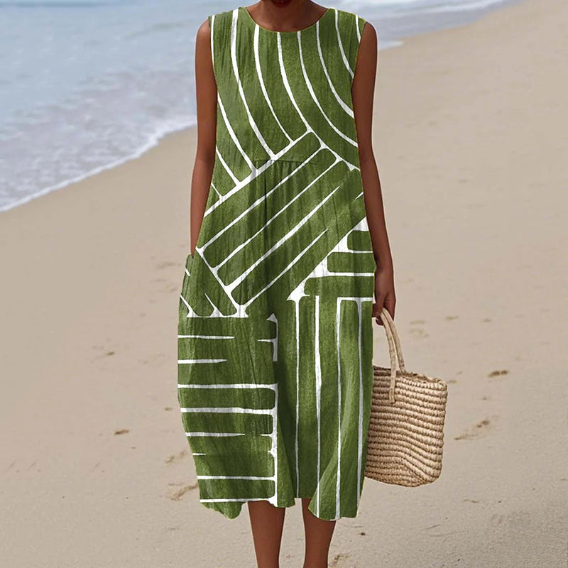 Women's Vintage Striped Art Print Linen Tank Dress elevenforest