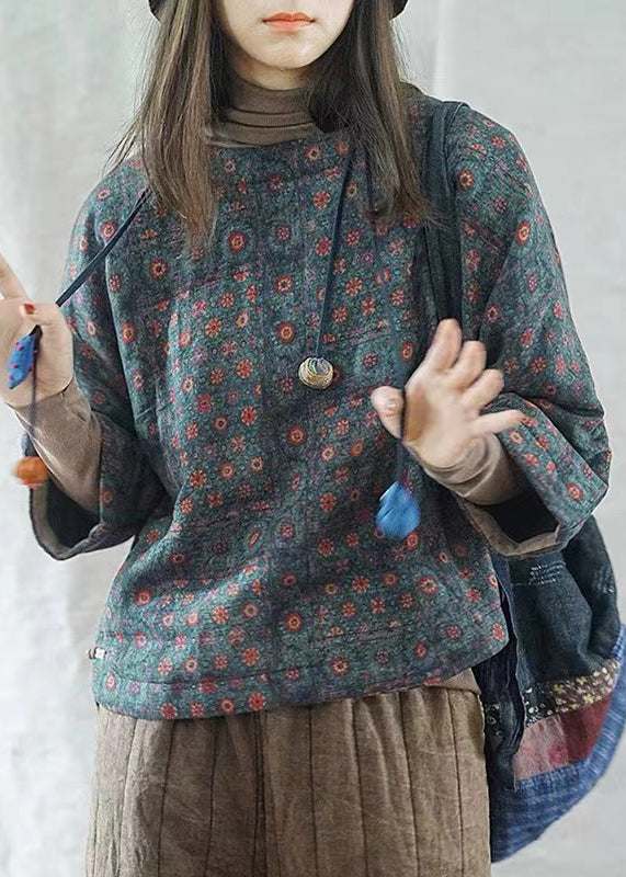 Khaki O Neck Print Chinese Button Fine Cotton Filled Top Winter