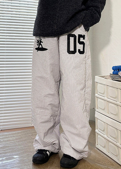 New Striped Pockets Elastic Waist Thickd Pants Winter