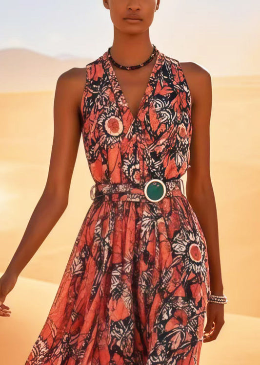 Red Print Cotton Tunic Dress Sleeveless
