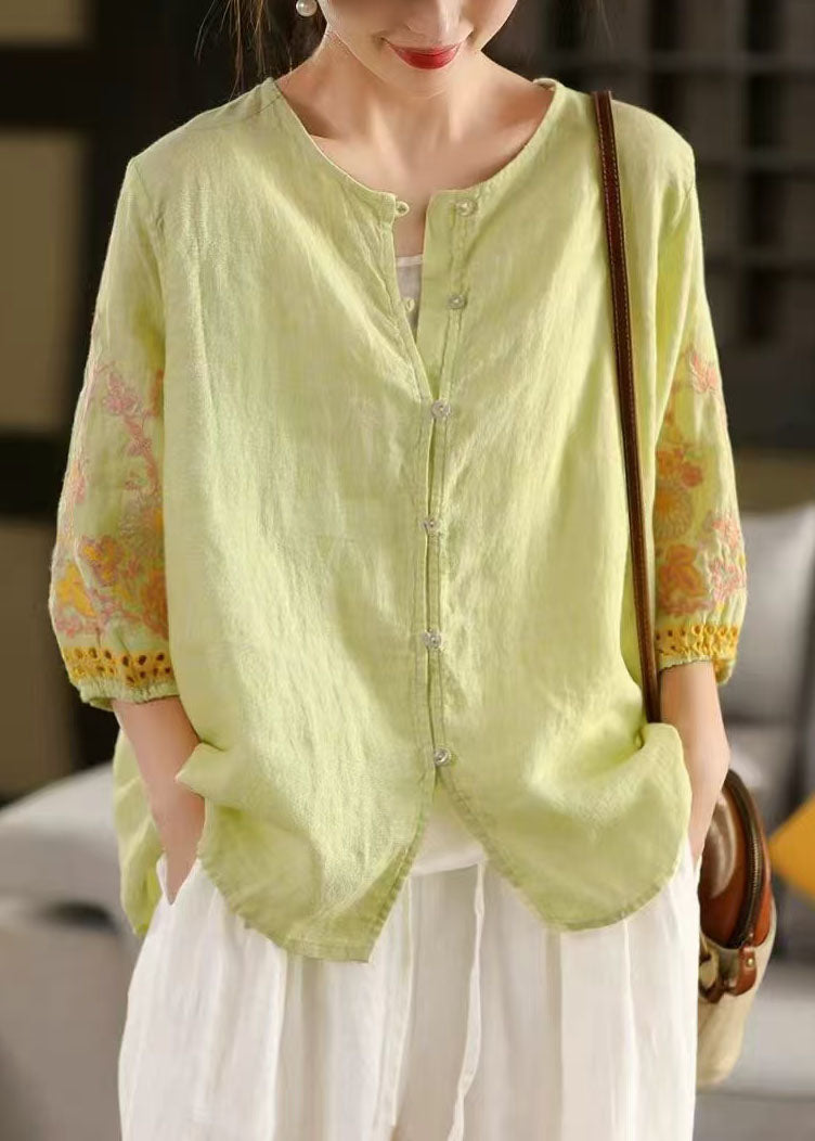 Light Green Embroidered Linen Shirts Bracelet Sleeve