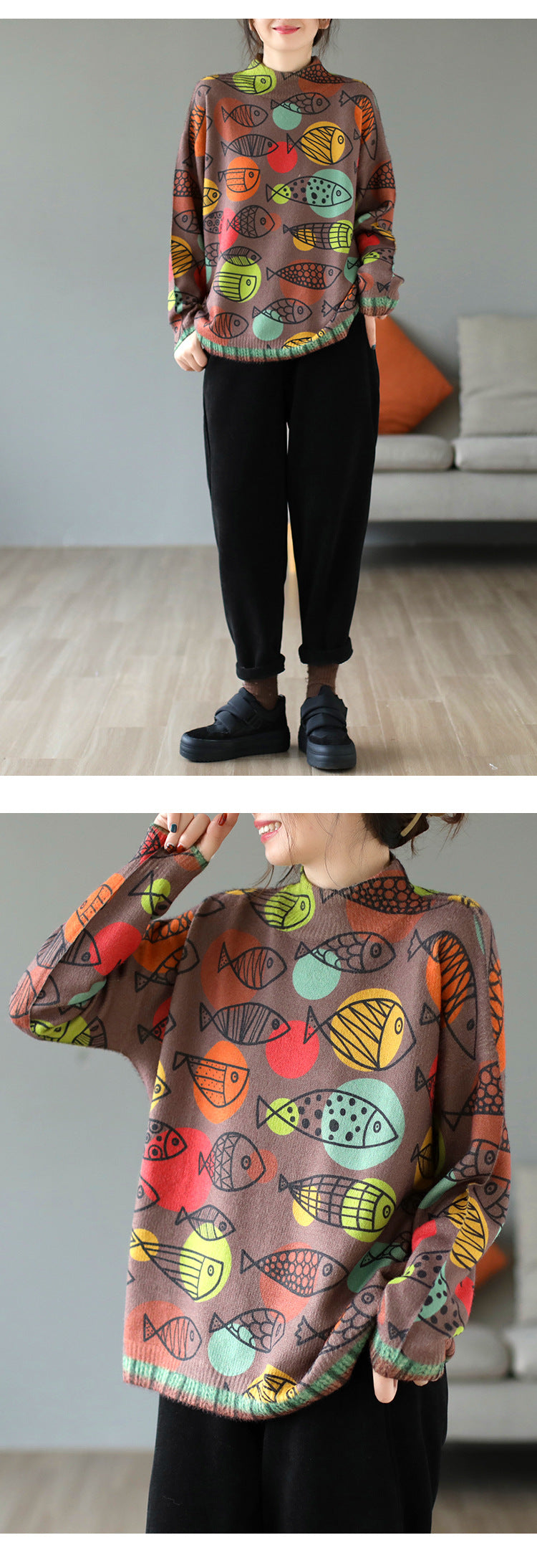 Artistic Retro Half Turtleneck Faux Mink Knitted Sweater