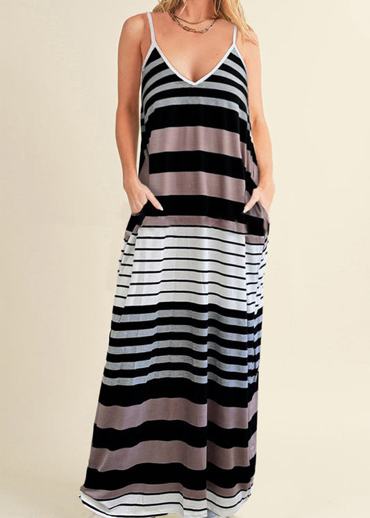 V Neck Striped Pockets Maxi Spaghetti Strap Dress Summer