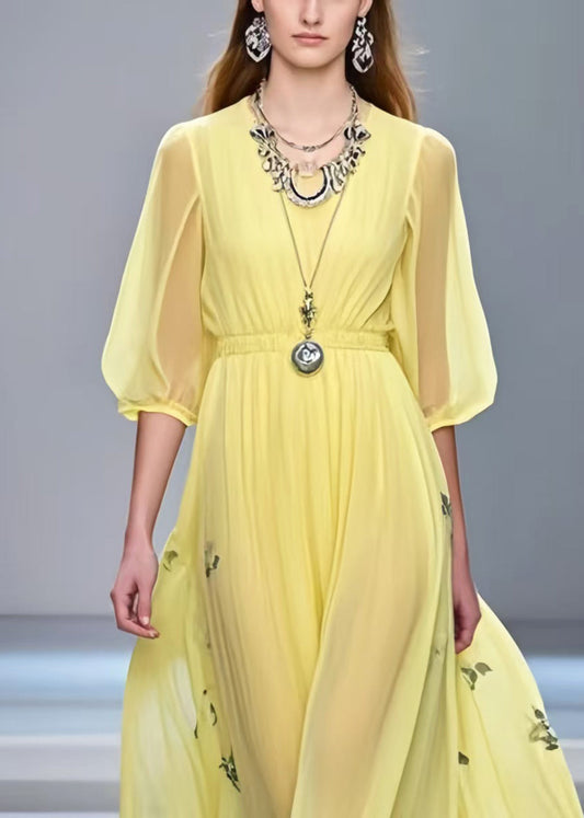 Yellow Print Chiffon Long Dress Exra Large Hem Half Sleeve
