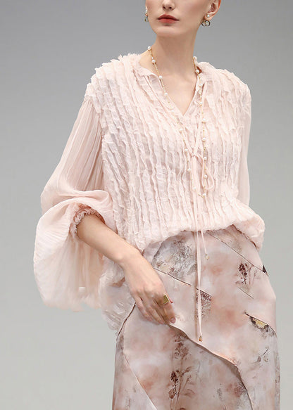 Pink V Neck Wrinkled Chiffon Tops Fall