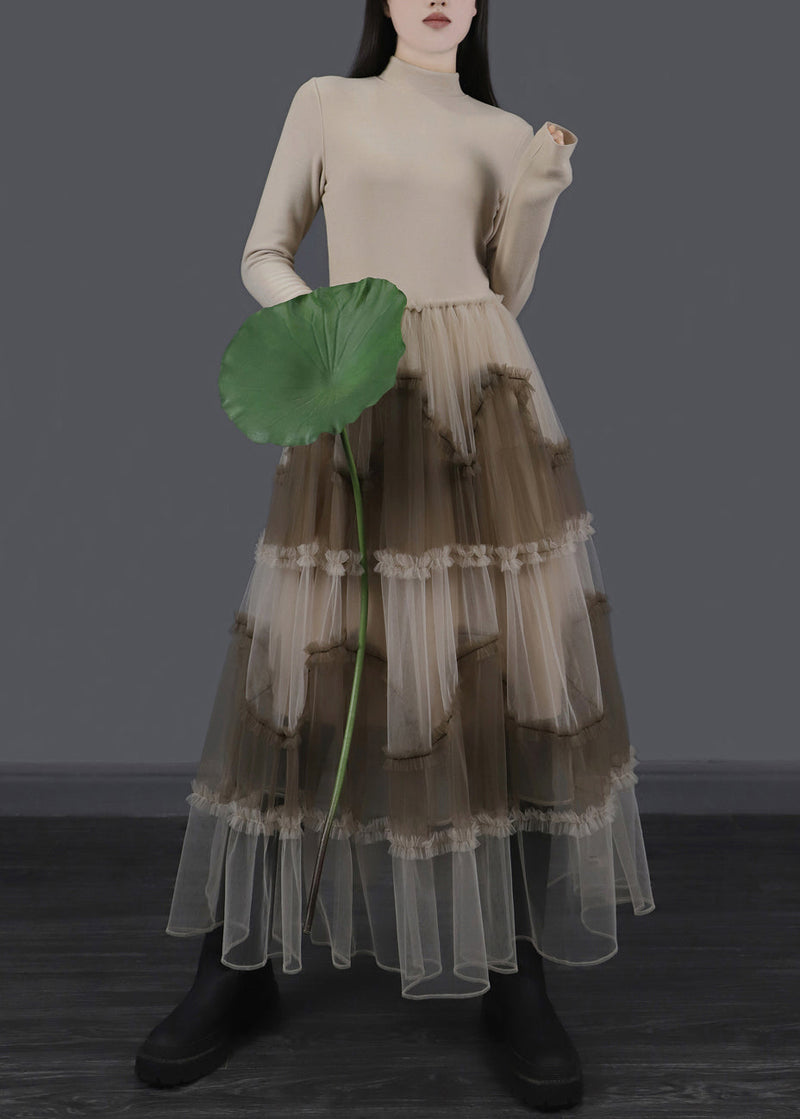 Apricot Ruffled Tulle Patchwork Slim Fit Long Dresses Asymmetrical