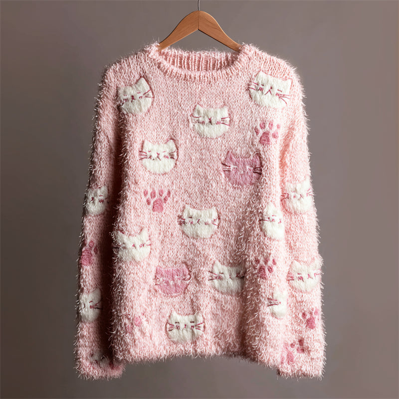 Lovely Cats Paw Prints Embroidered Cozy Fuzzy Sweater elevenforest